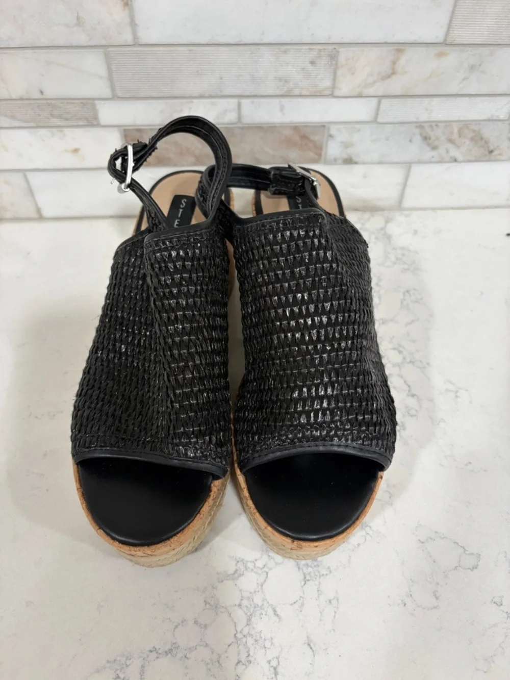 Steve Madden Women’s Black and Tan Woven Cork Wedge Platform Sandals Sz 7.5